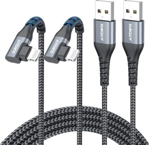 SUNGUY USB-A to Light-ning Cable Right Angle,[6.6FT 2Pack] USB to Light-ning Charger Cord 90 Degree Nylon Braided Compatible with i-Phone 14/13/12/11 Series X SE i-Pad9/mini -Grey