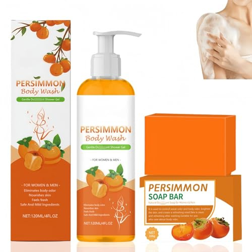 Natural Persimmon Body Wash and Soap Bar Set, Persimmon Soap and Body Wash for Deep Cleansing, Moisturizing Body Cleanser, Gentle Bo/dy Wash for Dry & Itchy Skin, Softens and Protects Skin