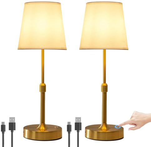 2 Stück Kabellose LED Tischlampe Touch Dimmbar Nachttischlampe Akku 5200mAh | Höhenverstellbar Wiederaufladbare Tischleuchte mit USB-C für Schlafzimmer Wohnzimmer Esszimmer, Warmes Licht, Gold