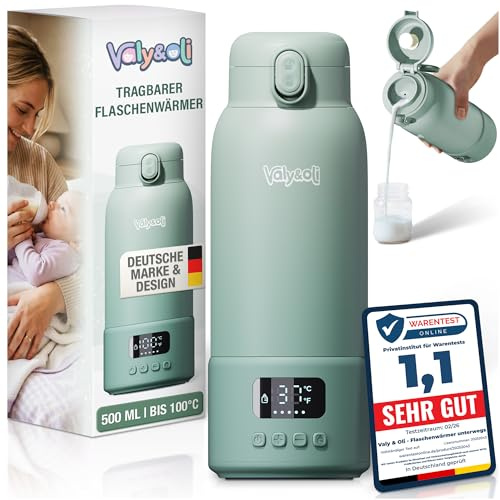 Valy&Oli® Flaschenwärmer Baby Unterwegs [Power 16.000mAh Akku] - Blitzschnell in 3 Min auf 37°C [Bis 100°C] - Tragbarer Milchwärmer [500ml] - Auslaufsicherer Babyflaschenwärmer (Salbei-Grün)