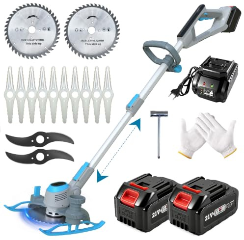 Decespugliatore a Batteria, Tagliabordi a Batteria con 2 Batterie e 3 Tipi lame, 21V Decespugliatore Elettrico,Tagliaerba Elettrico a Batteria, Telescopico, per Giardino Potatura, Grigio