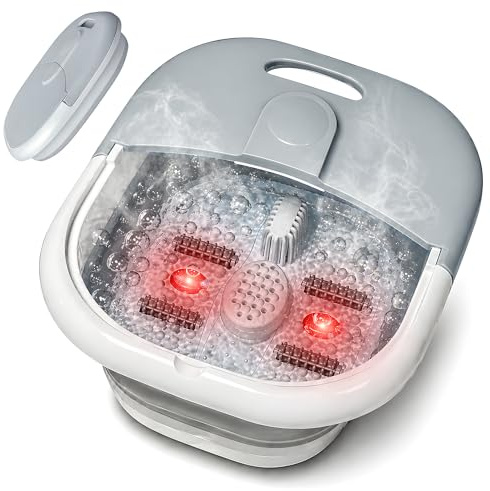 Foldable Foot Massager 500W with Heat, Bubble, Magnetic Therapy - Pedicure Foot Spa Bath with 4 Massage Rollers, Temperature Control, Red Light - Feet Soaking Tub for Relaxation, Stress Relief - Grey
