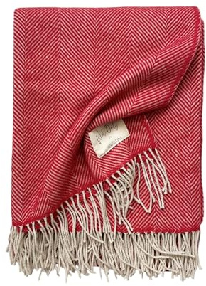 JOWOLLINA X WoolOnly Wolldecke Plaid mit Natur-Fransen 130x180 cm, Herringbone (Rot)