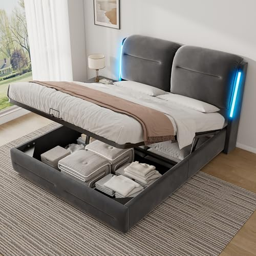 ZUUYEE Double Bed Frame 4ft6 with LED and Lift Up Storage, Ottoman Bed Double with Thick Headboard, Beds, Frames and Bases with Slats and Metal Bedframe, Velvet, Grey, 135x190 cm, Without Mattress