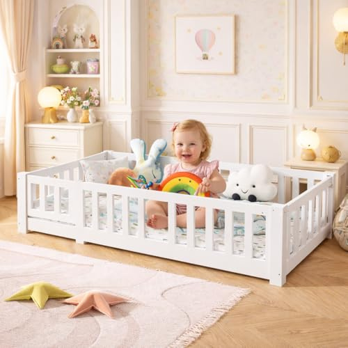 LieABak Bodenbett Kinderbett 90x200 cm mit Zaun und Tür, Montessori Bett mit Rausfallschutz, Holzbett Jugendbett Einzelbett mit Lattenrost, Kleinkindbett für Junge und Mädchen, Weiß (90x200cm)