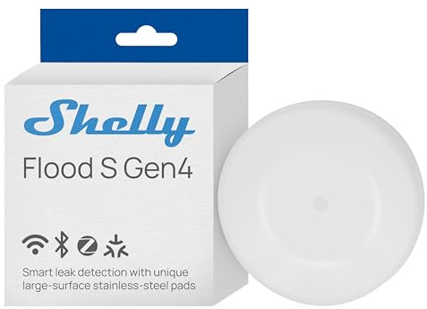 Shelly Flood S Gen4 - Smarter WLAN Wassermelder mit Matter, Zigbee, IP67 Schutzklasse, Edelstahl-Sensorpads, 2 Jahre Batterielaufzeit, Lokaler Summer, Hochwasser- und Regen-Erkennung, Kein Hub