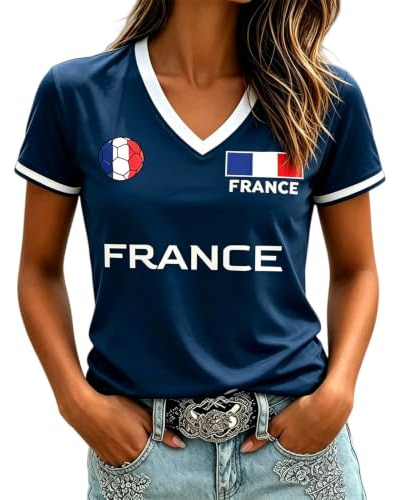 Maillot Equipe de France Foot 2026 Femme T-Shirt Fan Football Coupe du Monde 2026 Maillot de Foot Graphique avec Coq Gaulois Tee Shirt Dérivés Vêtement Modèle Équipe pour Les Fans de Football