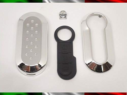 TOPBEST Cover Chiave Guscio + Tasti Tastini in Gomma + Gancio Portachiavi Compatibile con Fiat 500 Grande Punto Evo Bravo Panda 500l Lancia Y Ypsilon Musa Delta Scocca Argento