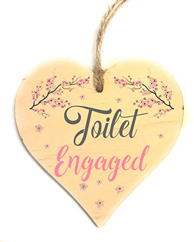 Engaged Vacant Toilet Door Sign - Double Sided Wooden Heart Shaped Plaque – Decorative Cherry Blossom Design by Maisie Moo – Includes Hanging Twine