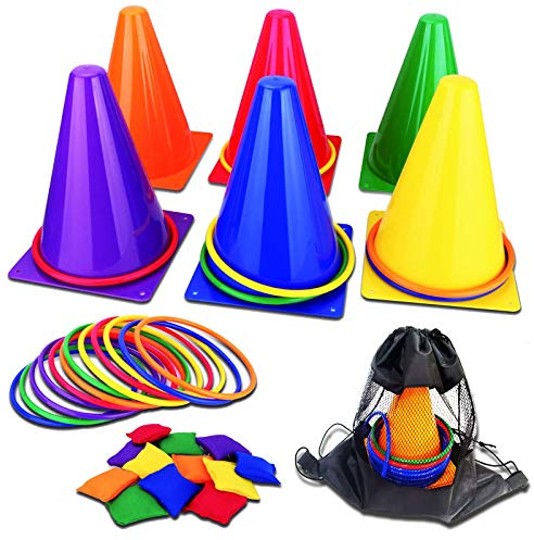 unanscre 31PCS 3 in 1 Carnival Outdoor Games Combo Set for Kids, Soft Plastic Cones Bean Bags Ring Toss Game, Gift for Birthday Party/Xmas
