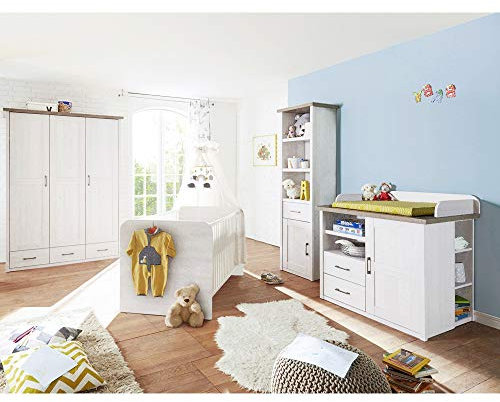 Lomadox Babymöbel 4er-Set im Landhausstil in Pinie weiß Nb./Trüffel Eiche Nb.