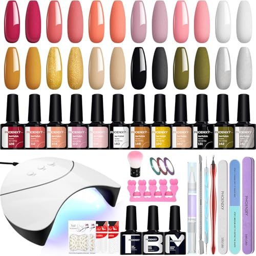Gel Nail Polish Set, Phoenixy 12 Colours Soak off Gel Nails Kit with 36W UV Lamp 8ml Nail Polishes Kit Gifts for Women