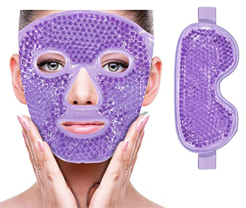 Kühlende Eisgesichts-Augenmaske zur Reduzierung von Schwellungen, Augenringe, Nasennebenhöhlenentzündung, Rötungen, Schmerzlinderung, dunkle Augenringe, Migräne(Lila(1Augenmaske+1Gesichtsmaske))