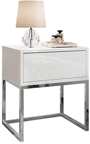 lukmebel Nachttisch Weiß Glamur 45x36,6x53 cm mit Chromgestell - Bett Tisch - Push to Open Nachtkasten - Nachtkästchen - Hochglanz - Nachtschrank - Beistelltisch mit Schublade
