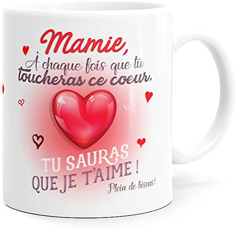 Mug Mamie Je t’Aime Coeur Petit-Enfant Idée Cadeau Original Amour Imprimé en France pour Fête Grand-Mère, Future Mami, Maman Femme Grands-Parents pour Anniversaire Noël ou pour le Plaisir.