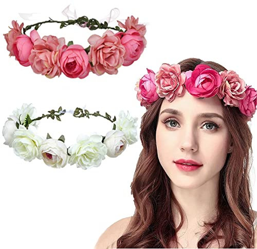 Blumenkrone Blumenkranz, 2 Stück Braut Stirnband Haare für Frauen und Mädchen - Hochzeit Party Damen Haarschmuck