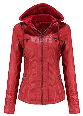 E-girl Damen Rot Lederjacke Schlank Kurz Kunstleder Kapuze Jacket Reißverschluss Motorrad Jacke für Frühling und Herbst,L,C6699N