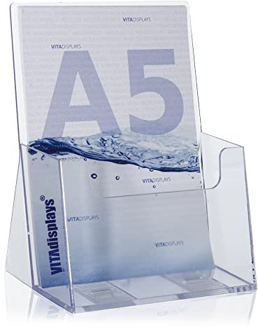 VITAdisplays 5 Stk. DIN A5 Tischprospektständer als Flyerständer mit Extra-Fülltiefe, transparenter A5 Flyerhalter und Tisch-Prospekthalter, Tisch-Prospektständer für Flyer, Kataloge und Prospekte