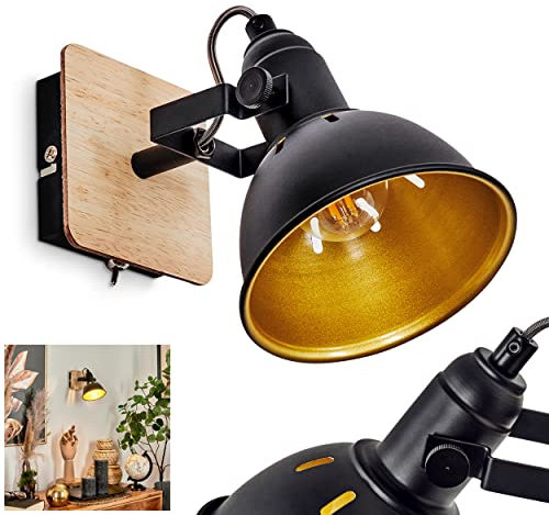 Wandleuchte Tina, Wandlampe aus Metall/Holz in Schwarz/Chrom/Gold/Hellbraun, verstellbare Leuchte im Retro-/Vintage-Design, Lichteffekt u. An-/Ausschalter am Gehäuse, 1-flammig, E14, ohne Leuchtmittel