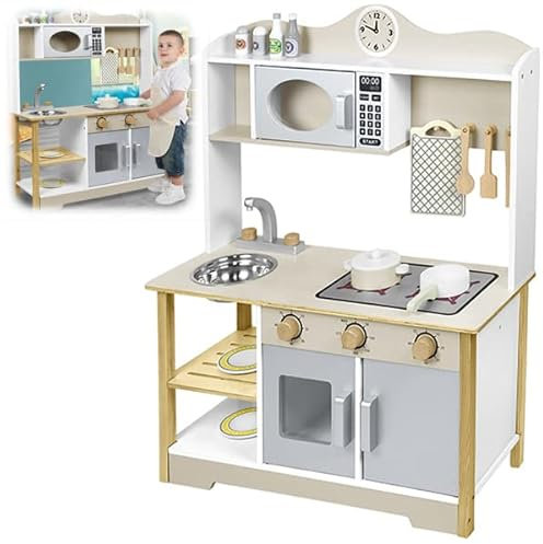 YUENFONG Cucina giocattolo in legno, giochi con accessori per pentole, set regalo per bambini, compleanno, Multicolore, Type A