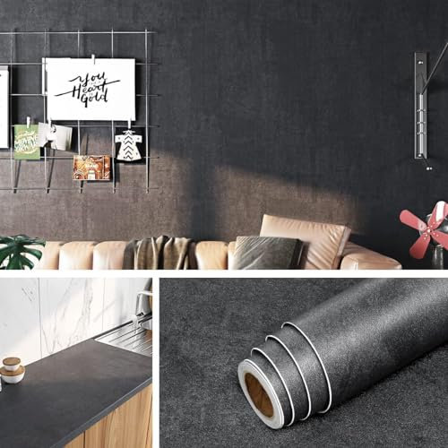Livelynine Selbstklebende Tapete Schwarz Betonoptik 40CMx10M Abwaschbar Folie Arbeitsplatte Küche Schwarz Anthrazit Klebefolie Küchenschränke Grau Anthrazit Wand Möbelfolie Selbstklebend Tischplatte