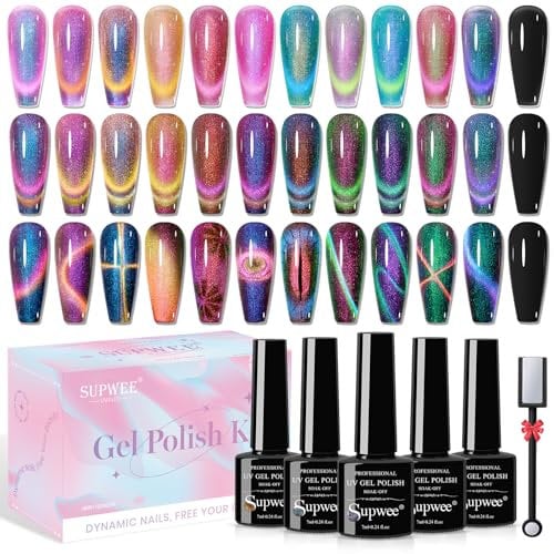 SUPWEE Cat Magnetic Gel Polish Set 12 Colors Auroras 9D Cat Eye Gel Polish with Magnetic Stick Chameleon Glitter Cats Eye Gels for Nail Art Salon Home DIY Manicure