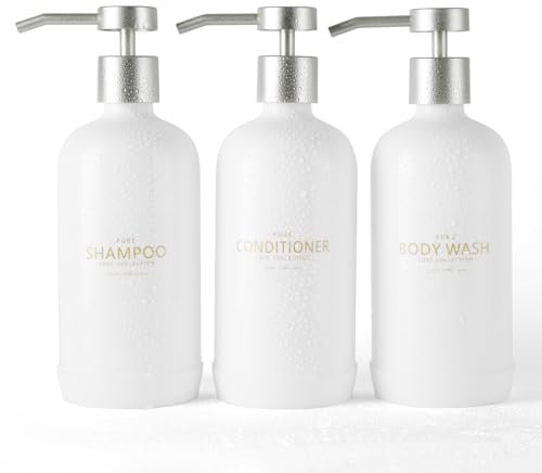 Janxin Shampoo- und Conditioner-Spender, nachfüllbare 600ml Shampooflaschen, Duschspender mit wasserfesten Etiketten für das Badezimmer (Weiße Flaschen + Silberne Pumpen)