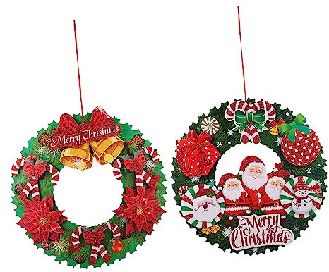 DIKACA 2st Weihnachtskranz Weihnachtlicher Bauernkranz Frohe Weihnachten-Zeichen Weihnachtstürkranz Schneemann Türhänger Frohe Weihnachtsverzierung Künstlich Papier Dekorative Tür Ältere