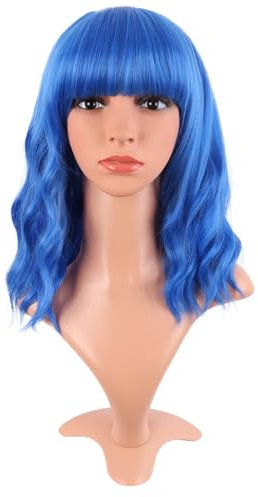 MapofBeauty 14 Zoll/35 cm Kurze Gewellte Lockige Frauen Frische Helle Synthetische Gewöhnliche Flache Pony Bob Perücke (Blau)