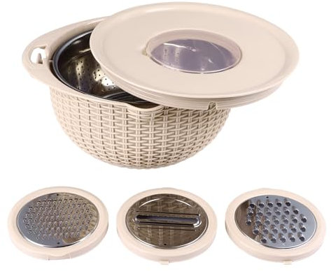 Stainless Steel Colander Bowl Set, 4 in 1 Rotatable Kitchen Drain Strainer with Slicer for Washing Vegetables Fruits Storage Beige – Durable Lightweight Food Prep Tool