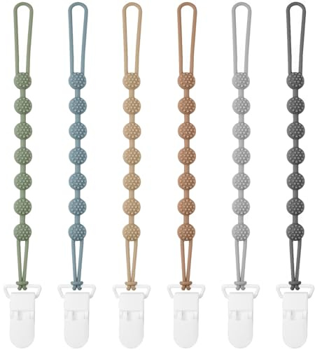 Eascrozn 6 Pack Silicone Pacifier Clip with One-Piece Design for Baby Boys and Girls, BPA Free Soft Flexible Binky Clips with Texture for Baby Essentials