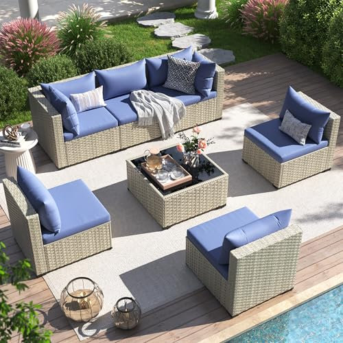Amopatio Lounge Gartenmöbel Set, Rattanmöbel Balkonmöbel für 6 Personen, Gartengarnitur Sitzgruppe Wetterfest mit Sofa, Sessel, Tisch & Kissen für Terrasse, Balkon, Poolränder, Blau