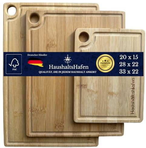 Schneidebrett Holz (3er Set) - 3 Bambus-Schneidebretter mit Saftrille - 33 x 22 cm / 28 x 22 cm / 20 x 15 cm - Das Professionelle Holzbrett Küche, Brotbretter und Servierbretter - von HaushaltsHafen