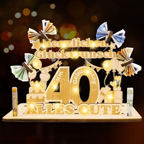 Idota 40 Geburtstag Geschenk Frauen & Männer - Geldgeschenke Geburtstag, Holz-Schild Gästebuch 40 Geburtstag Frauen Deko Geschenke mit LED Lichterketten, Personalisiertes Geschenke,40 Geburtstag Mann