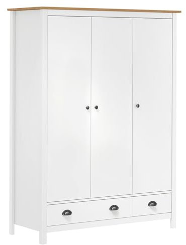 Homgoday 3-türiger Kleiderschrank Hill Weiß 127x50x170cm Kiefer Massivholz Kleiderschrank Kleideraufbewahrung Schränke für Schlafzimmermöbel Möbel