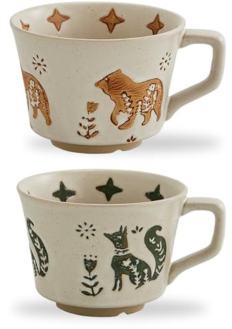 Swuut 350ml Vintage Ceramic Coffee Mug Set of 2 - Handmade Rustic Pottery Countryside Coffee Mugs with Handle for Latte,Milk,Hot Cocoa,Tea Cups, Dishwasher & Microwave Safe (Animals)