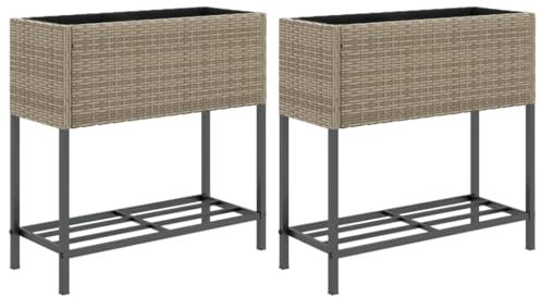 vidaXL Hochbeete mit Ablage 2 STK. Grau 70x28x70 cm Poly Rattan, Pflanzgefäß, Tomaten Pflanzkübel, Kräuterbeet, Blumenkasten, Pflanzkasten