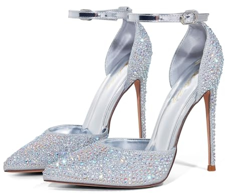 Zhabtuc High Heels, Women Pumps D'Orsay Ankle Strap Pointed Toe Stiletto Heels Rhinestone Party Wedding Shoes, Silver Rhinestone, 7 UK