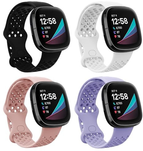 Naapesi 4er-Pack Sport-Silikonarmbänder Kompatibel mit Fitbit Versa 3/Sense, Atmungsaktive TPU-Armbänder für Fitbit Smartwatch, Größe L - Weiß, Schwarz, Rosa, Violett