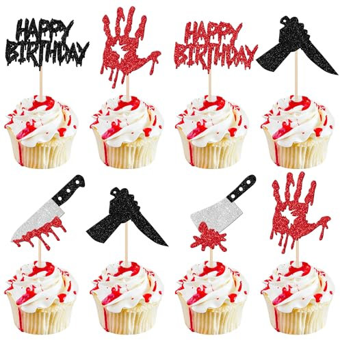 Xsstarmi 24 Pack Bloody Happy Birthday Cupcake Toppers Glitter Horror Classic Movie Characters Cupcake Picks Have a Killer Birthday Cake Decorations for Horror Theme Birthday Halloween Party Supplies