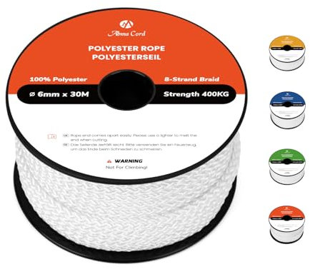 Abma Cord Corda in Poliestere Corda Intrecciata 6mm x 30m Corda Multiuso Bobina - Bianca