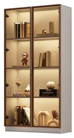 soges Glasvitrine mit 16-Farbiger LED-Beleuchtung, Vitrine mit verstellbaren Einlegeböden, freistehender Hochschrank für Wohnzimmer oder Badezimmer, 80 x 40 x 160 cm