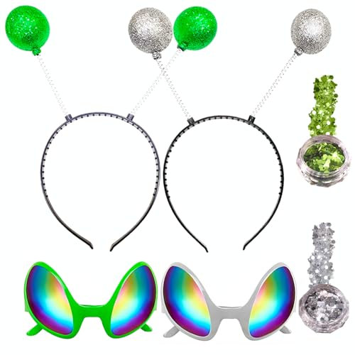 4 Stück Alien Haarreif in silber Alien Brille,Haarreif Alien Stirnband Alien Headband Alien Kostüm Zubehör für Halloween,Accessoire zum Fasching & Karneval Kostüm,Haarschmuck Damen,Herren, Kinder