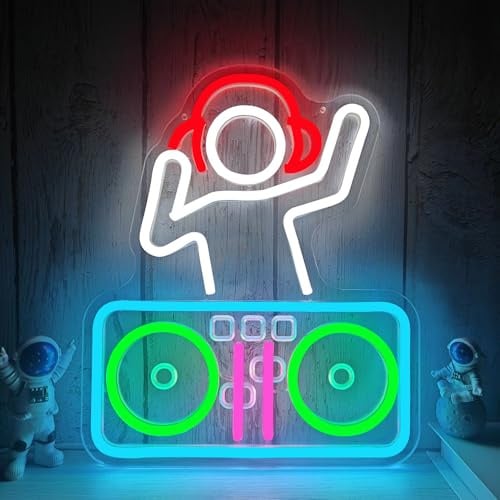Vveikea DJ-Neonschild, dimmbar, DJ-Player, LED-Schilder für Schlafzimmer, Wand, Musik, beleuchtetes Schild für Bar, Studio, Keller, Männerhöhle, LED-Wanddekoration, coole DJ-Geschenke