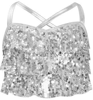 RUNQHUI Bambino Ragazza Top Danza Paillettes Crop Top Danza Moderno Jazz Vestito Danza del Pancia Canotta Costume, argento, 5-6 Anni