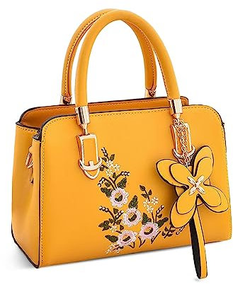 NICOLE & DORIS Elegante Handtasche Schultertasche Damen Klein Henkeltasche mit Stickerei Blume Frauen Umhängetasche PU Leder Crossbody Bag Gelb