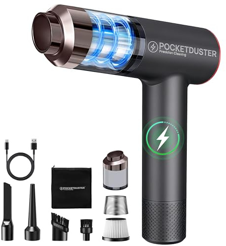 PocketDuster 2-in-1 Compressed Air Duster and Mini Vacuum Cleaner with 150000 High RPM - Powerful Brushless Motor for Desktop, Keyboards, Laptop, Dryer and Electronics