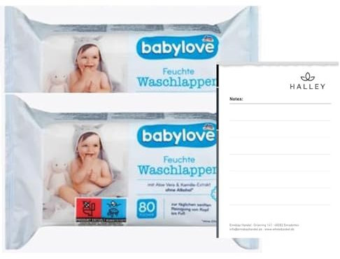 Babylove Feuchte Waschlappen - Sanfte Reinigung mit Aloe Vera & Kamille, für empfindliche Babyhaut & Erwachsene, 2 x 80 Stück + Halley Bedding Notizblock Set