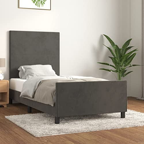 HaoChrymec Bettgestell ohne Matratze Dunkelgrau, Samtbezug, Höhenverstellbar, Stabile Stützbeine, Komfortables Kopfteil, polsterbett, einzelbett, Für Schlafzimmer, 90x200 cm