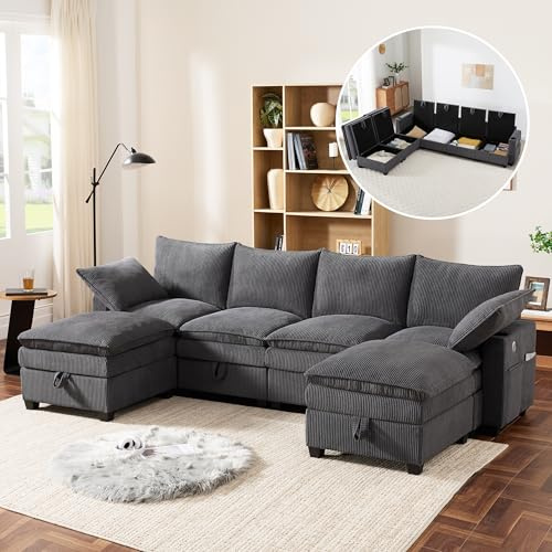 Ligterra Wohnlandschaft U Form, Modulares Sofa, Sofa U Form mit Schlaffunktion, mit Stauraum, Cordbezug, Abnehmbarem Fußhocker, USB-Anschlüssen, Staufächern, Getränkehaltern, 280×152×83cm (Grau)